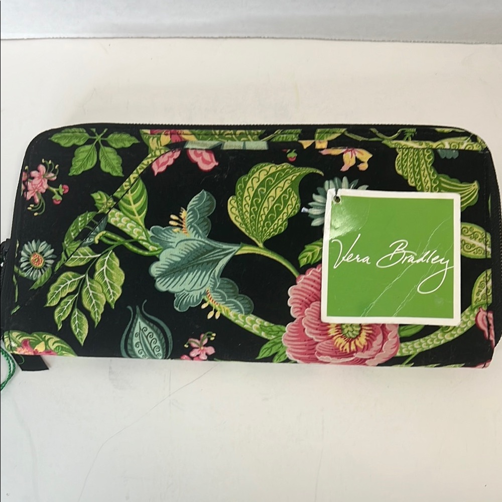 Vera Bradley Black Floral Zip Wallet with Pink and Green Accents